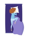 Vector sleeping girl in blue pajamas lies on the bed. Illustration isolated on white background Royalty Free Stock Photo